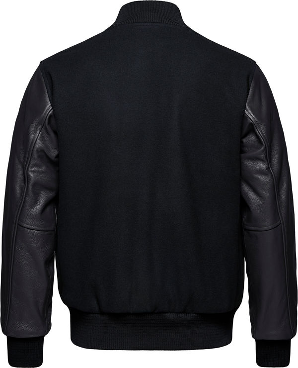 An image of a Custom Canada Sportswear Melton and Leather Varsity Jacket in Black!