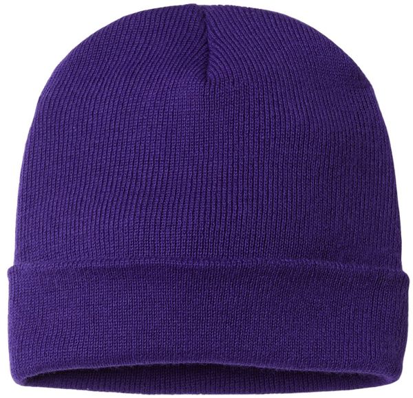 Am image of a Custom Cap America USA Made 12 Inch Cuffed Beanie in Purple!