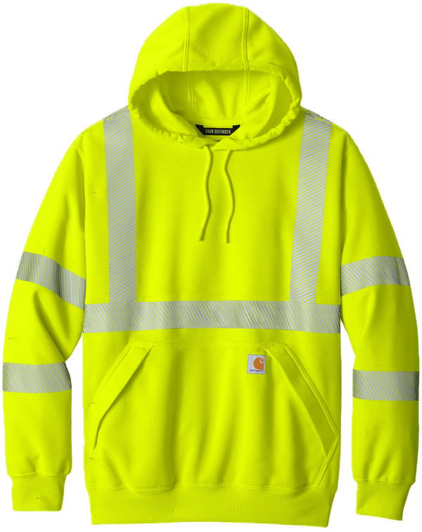 Am image of a Custom Carhartt ANSI 107 Class 3 Hooded Sweatshirt in Brite Lime!