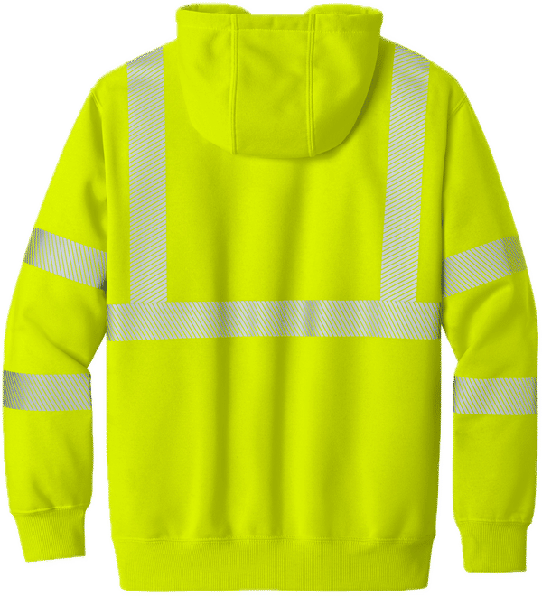 Am image of a Custom Carhartt ANSI 107 Class 3 Hooded Sweatshirt in Brite Lime!