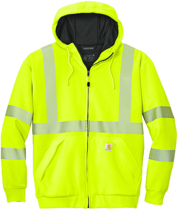 Am image of a Custom Carhartt ANSI 107 Class 3 Lined Full Zip Sweatshirt in Brite Lime!