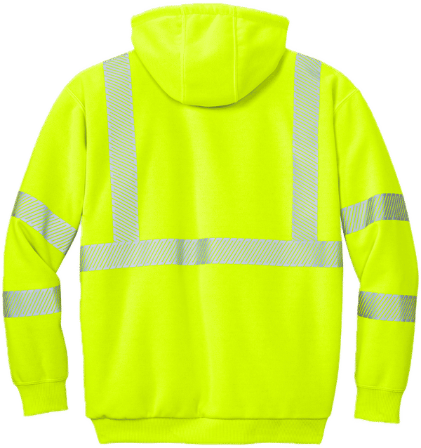 Am image of a Custom Carhartt ANSI 107 Class 3 Lined Full Zip Sweatshirt in Brite Lime!