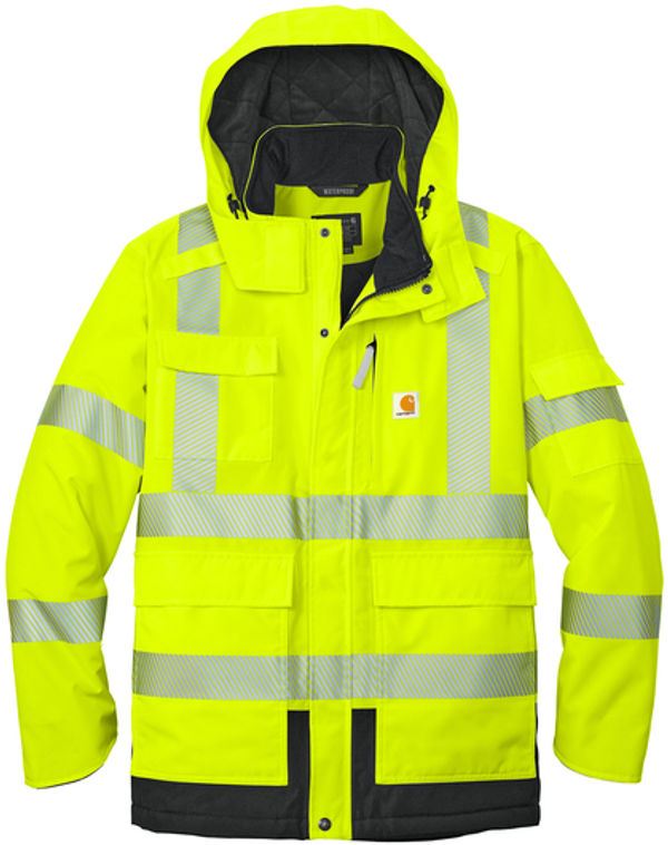 An image of a Custom Carhartt ANSI 107 Class 3 Waterproof Heavyweight Insulated Jacket in Brite Lime!