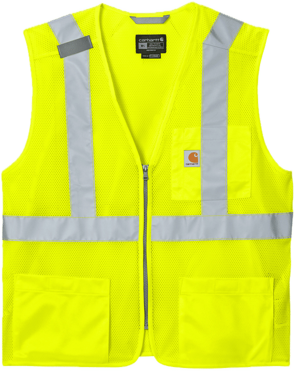 Am image of a Custom Carhartt ANSI Class 2 Mesh Zip Front Vest in Brite Lim!