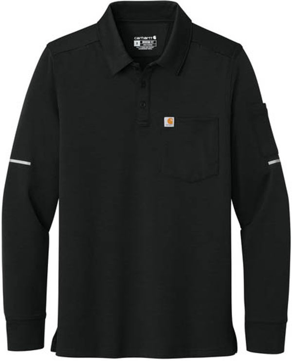 An image of a Custom Carhartt FLD & RSCU  Long Sleeve Polo in Black!