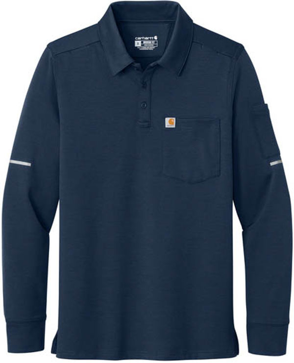 An image of a Custom Carhartt FLD & RSCU  Long Sleeve Polo in Dark Navy!