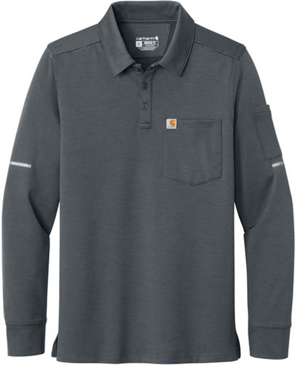 An image of a Custom Carhartt FLD & RSCU  Long Sleeve Polo in Pewter!