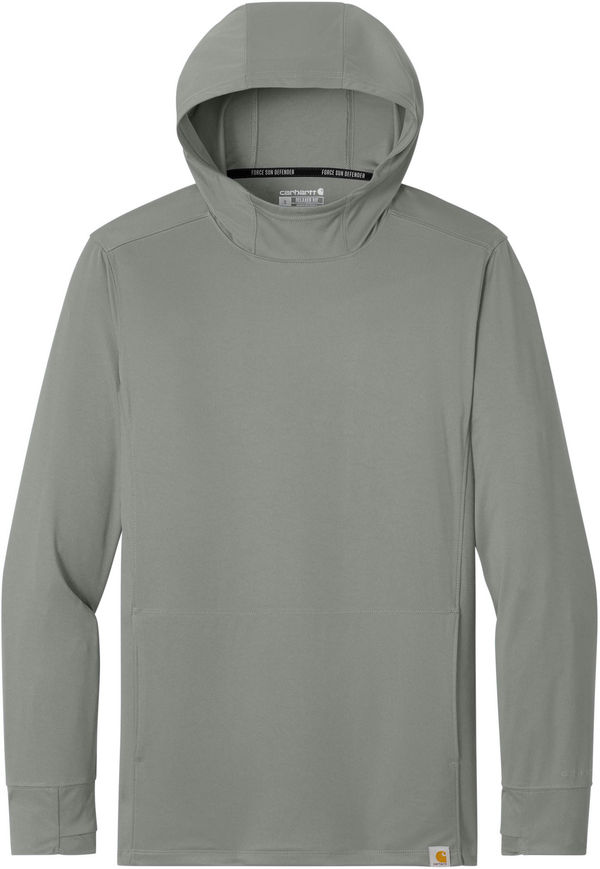 An image of a Custom Carhartt Force Sun Defender Long Sleeve Hooded T Shirt in Asphalt Grey!