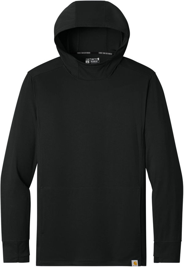 An image of a Custom Carhartt Force Sun Defender Long Sleeve Hooded T Shirt in Black!