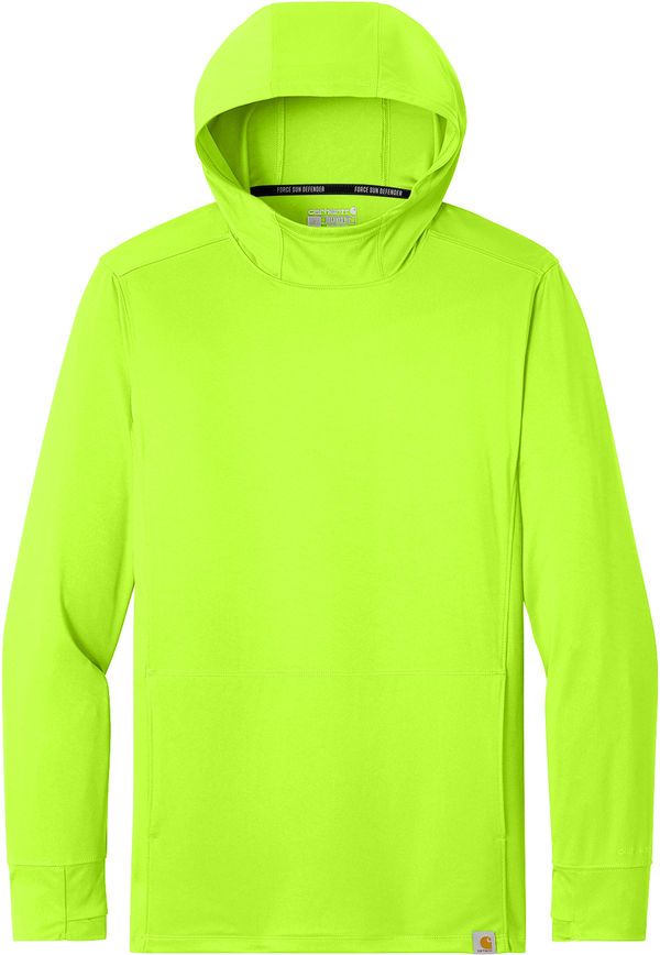 An image of a Custom Carhartt Force Sun Defender Long Sleeve Hooded T Shirt in Brite Lime!