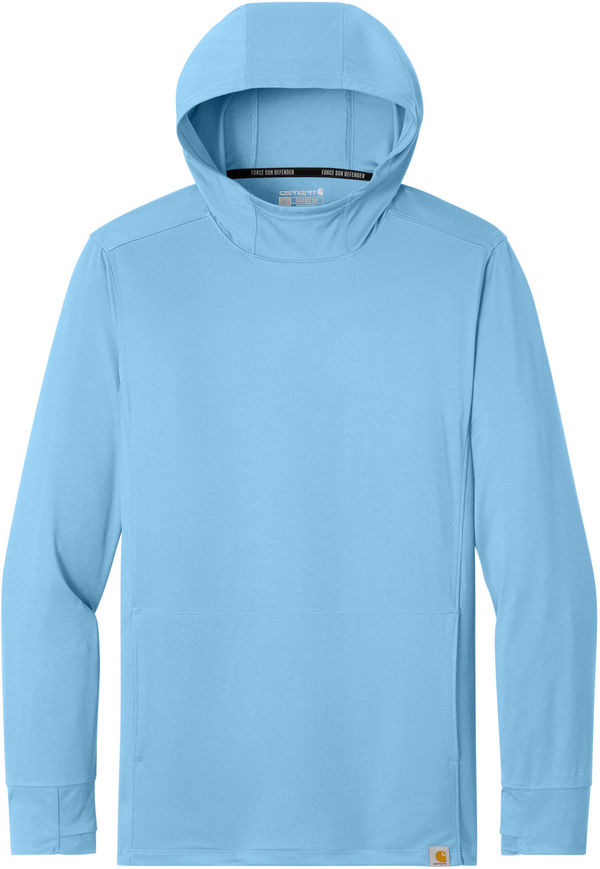 An image of a Custom Carhartt Force Sun Defender Long Sleeve Hooded T Shirt in Fresh Water Blue!