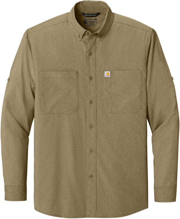 An image of a Custom Carhartt Force Sun Defender Long Sleeve Shirt in Dark Khaki!