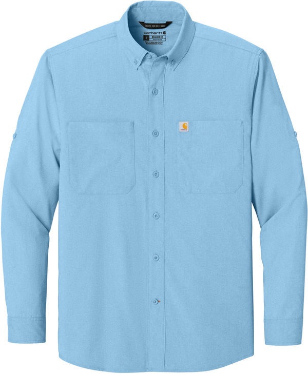 An image of a Custom Carhartt Force Sun Defender Long Sleeve Shirt in Fresh Water Blue!