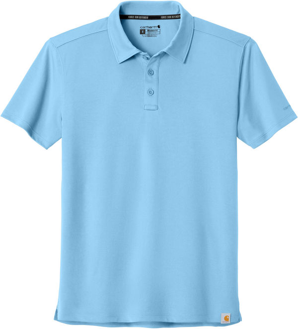 An image of a Custom Carhartt Force Sun Defender Polo in Fresh Water Blue!