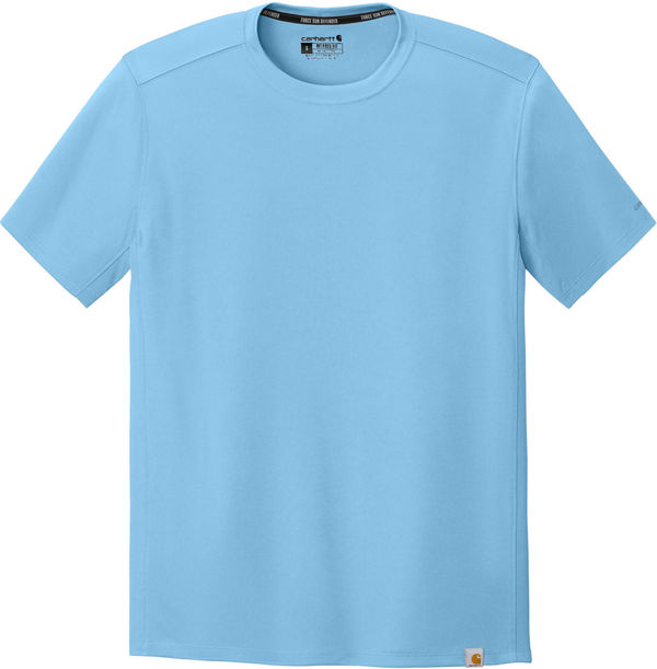 An image of a Custom Carhartt Force Sun Defender Short Sleeve T Shirt in Fresh Water Blue!