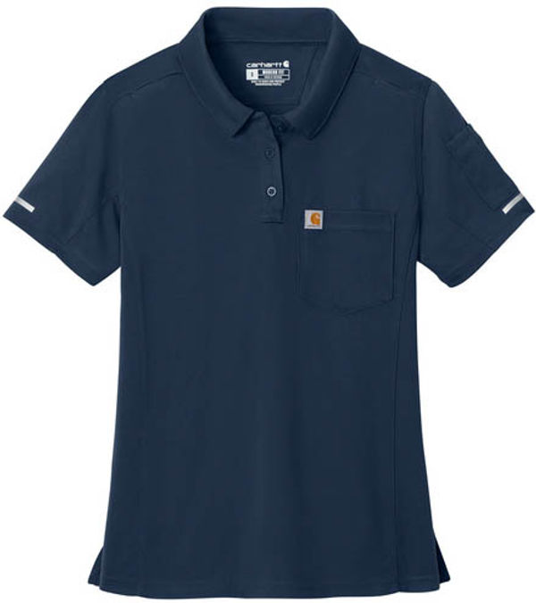 An image of a Custom Carhartt Womens FLD & RSCU Polo in Dark Navy!