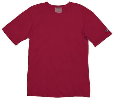 Am image of a Custom Champion Adult Garment Dyed Short Sleeve Tee in Crimson!