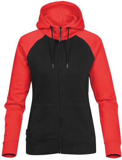 Am image of a Custom Stormtech Womens Omega Zip Hoody in BLACK / BRIGHT RED!