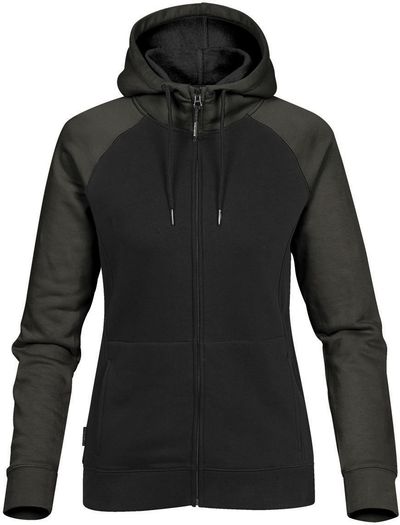 Am image of a Custom Stormtech Womens Omega Zip Hoody in BLACK / CARBON!