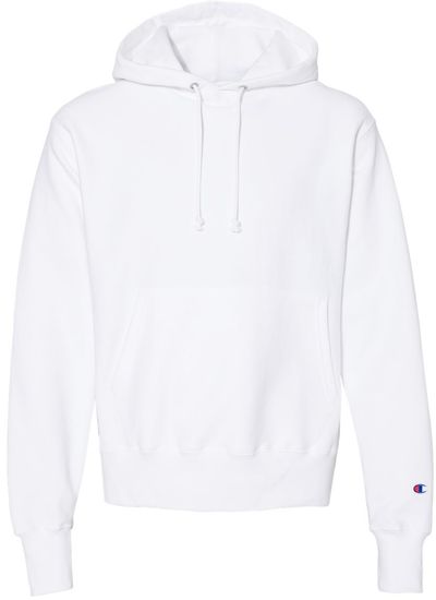 Am image of a Custom Champion Reverse Weave Pullover Hooded Sweatshirt in White!