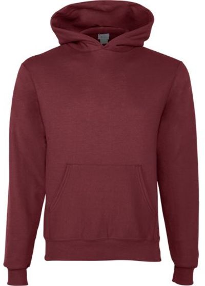 Am image of a Custom Champion Youth Powerblend Pullover Hooded Sweatshirt in Maroon!