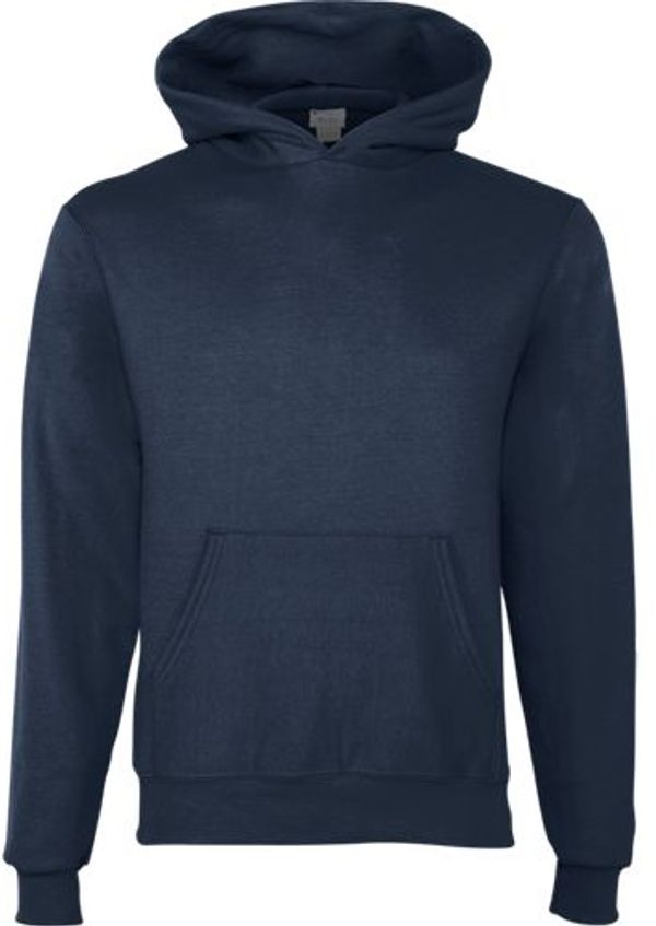 Am image of a Custom Champion Youth Powerblend Pullover Hooded Sweatshirt in Navy!