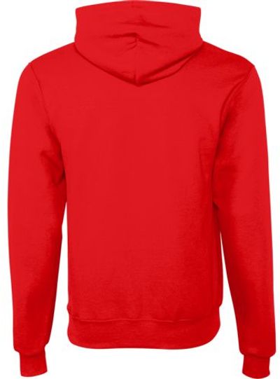 Am image of a Custom Champion Youth Powerblend Pullover Hooded Sweatshirt in Scarlet!