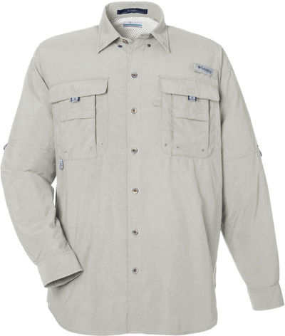 Am image of a Custom Columbia Mens Bahama Long Sleeve Shirt in Cool Grey!