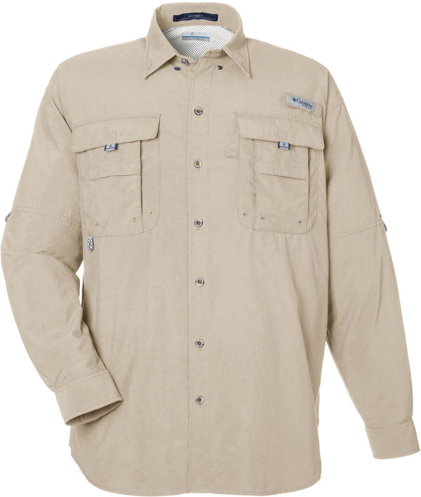 Am image of a Custom Columbia Mens Bahama Long Sleeve Shirt in Fossil!
