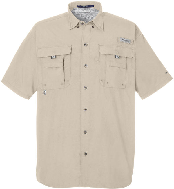Am image of a Custom Columbia Mens Bahama Short Sleeve Shirt in Fossil!