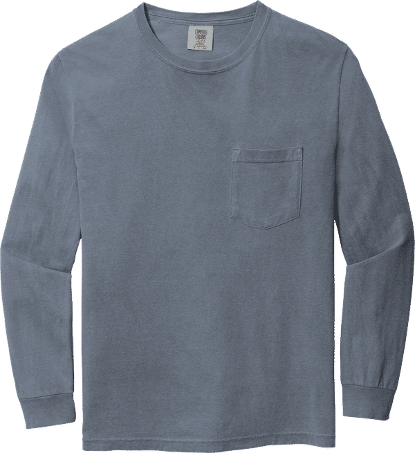 An image of a Custom Comfort Colors Heavyweight Ring Spun Long Sleeve Pocket Tee in Blue Jean!