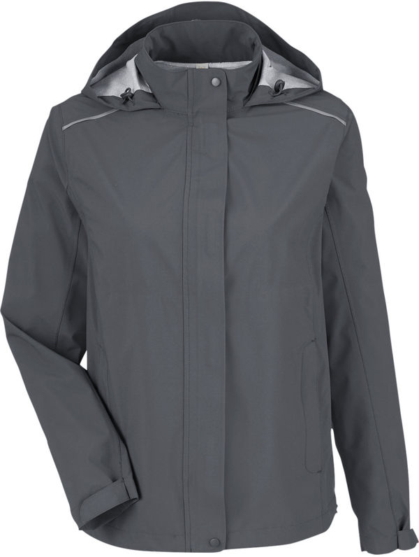 Am image of a Custom Core365 Ladies Packable Rain Jacket in Carbon!