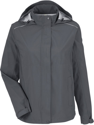 Am image of a Custom Core365 Ladies Packable Rain Jacket in Carbon!