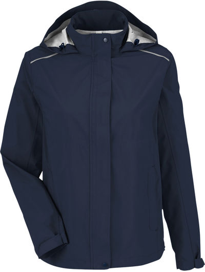 Am image of a Custom Core365 Ladies Packable Rain Jacket in Classic Navy!