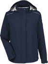 Am image of a Custom Core365 Ladies Packable Rain Jacket in Classic Navy!