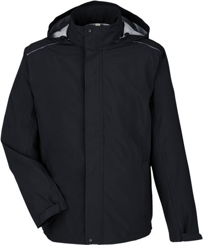 Am image of a Custom Core365 Mens Barrier Rain Jacket in Black!