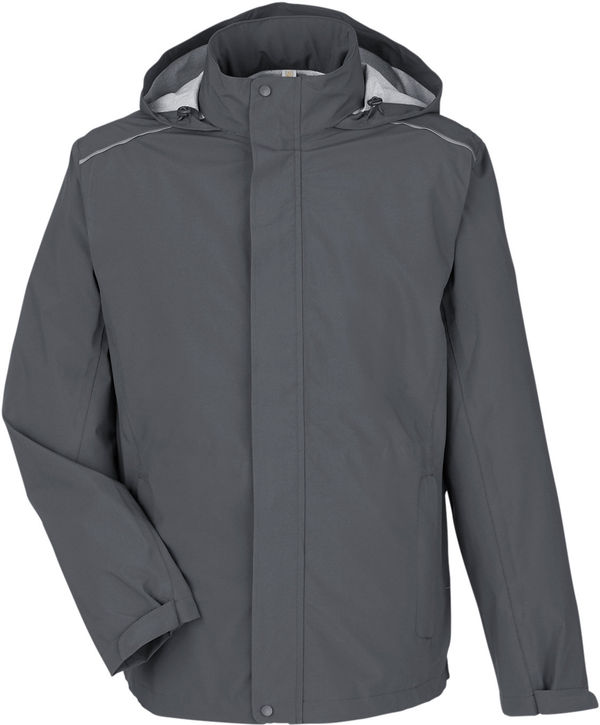 Am image of a Custom Core365 Mens Barrier Rain Jacket in Carbon!