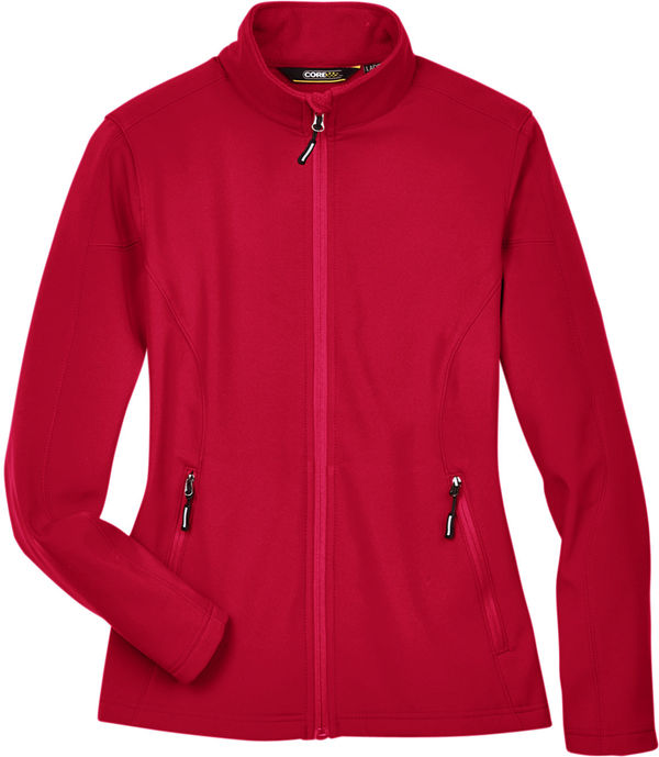 Am image of a Custom Core365 Ladies Cruise Two Layer Fleece Bonded Soft Shell Jacket in Classic Red!