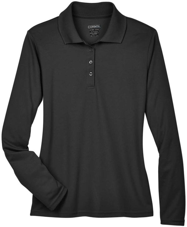 An image of a Custom Core 365 Ladies' Pinnacle Performance Long Sleeve Pique Polo in Black 703!