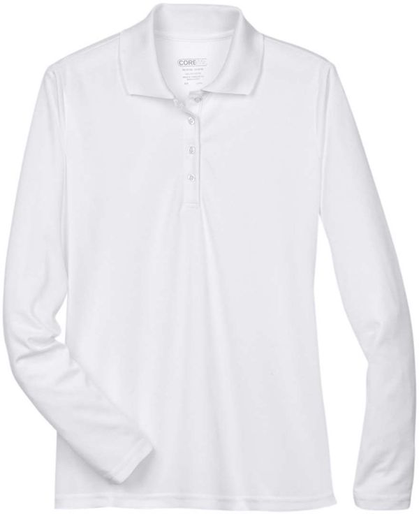 An image of a Custom Core 365 Ladies' Pinnacle Performance Long Sleeve Pique Polo in White 701!