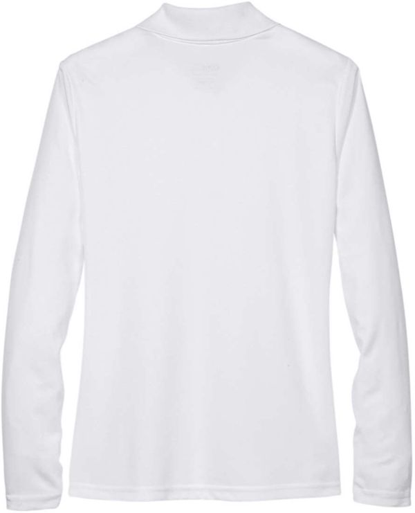 An image of a Custom Core 365 Ladies' Pinnacle Performance Long Sleeve Pique Polo in White 701!