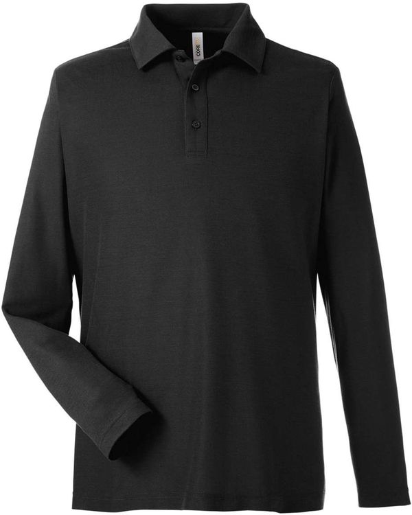 An image of a Custom Core 365 Men's Fusion ChromaSoft™ Long Sleeve Pique Polo in Black!