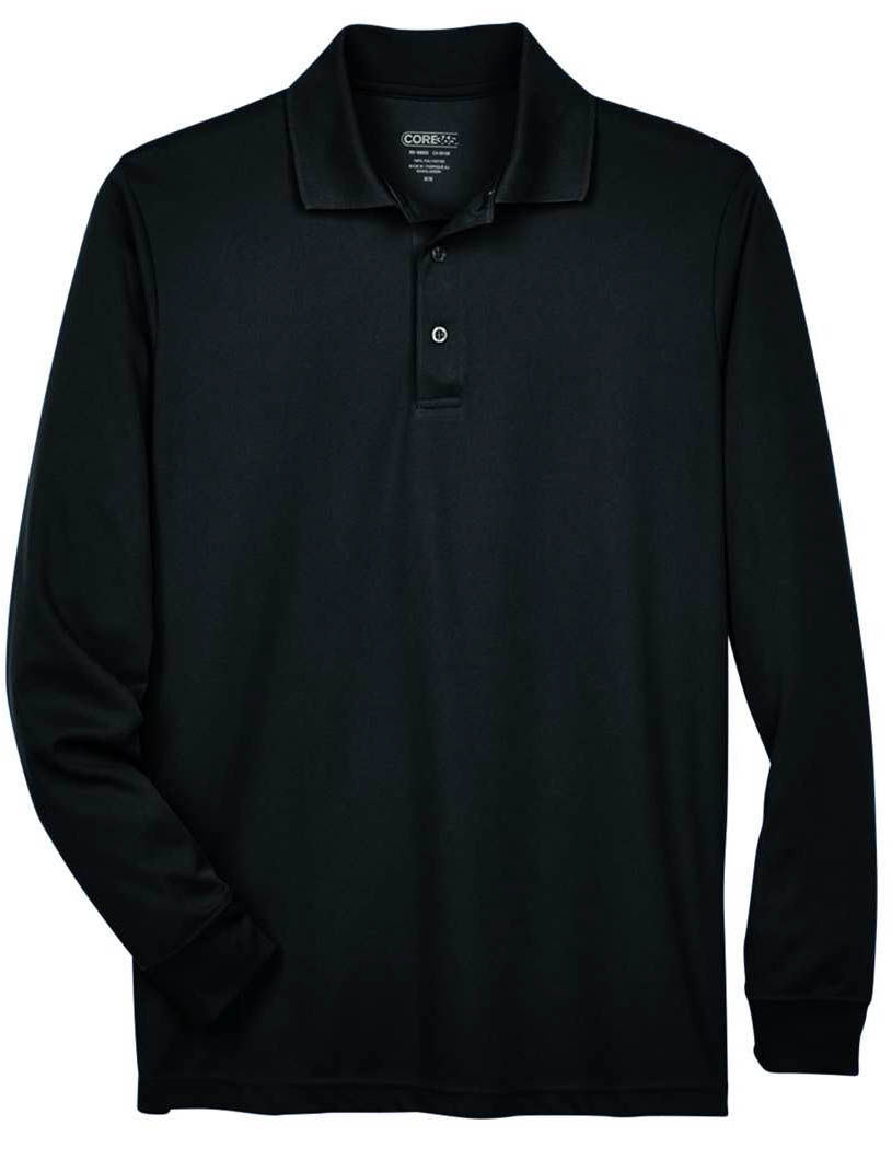 Core 365 Men's Pinnacle Performance Long Sleeve Pique Polo in Black
