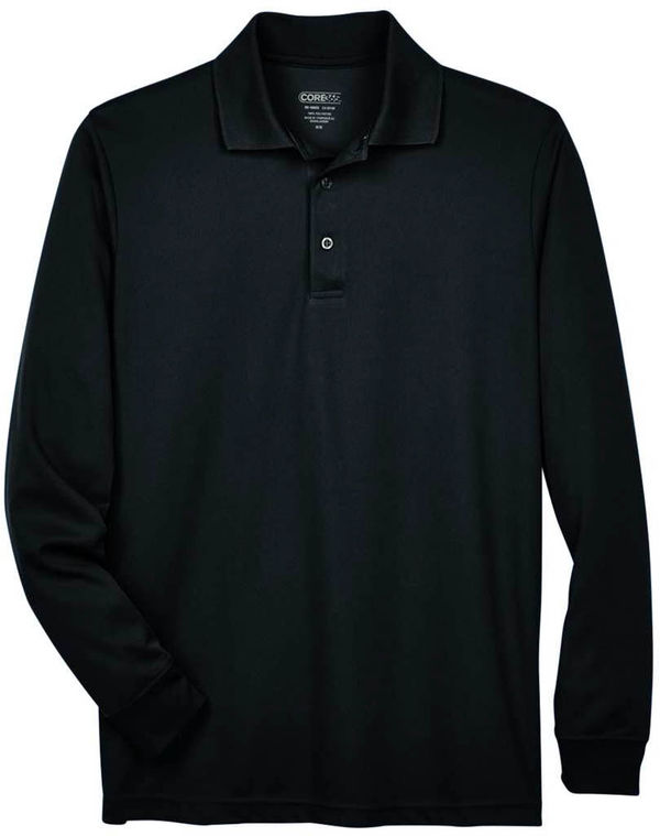 An image of a Custom Core 365 Men's Pinnacle Performance Long Sleeve Pique Polo in Black!