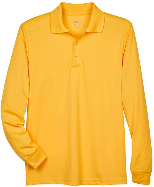 An image of a Custom Core 365 Men's Pinnacle Performance Long Sleeve Pique Polo in Campus Gold!