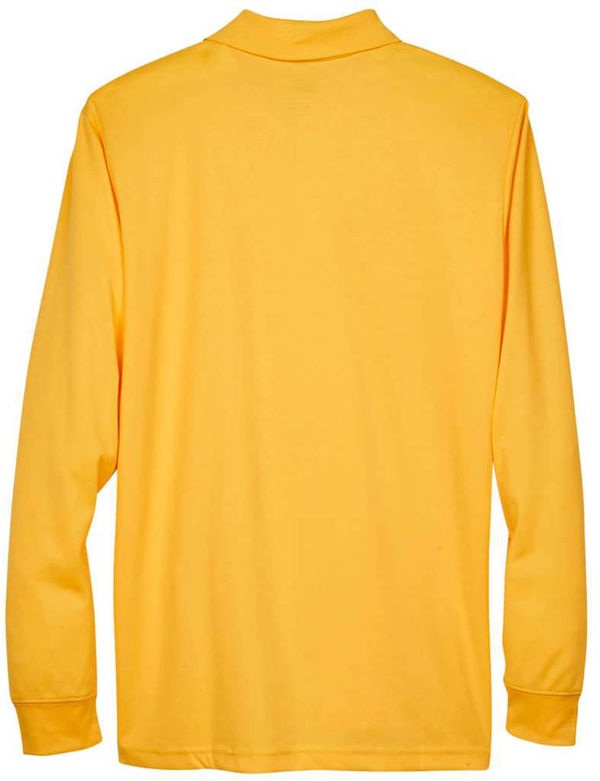 An image of a Custom Core 365 Men's Pinnacle Performance Long Sleeve Pique Polo in Campus Gold!