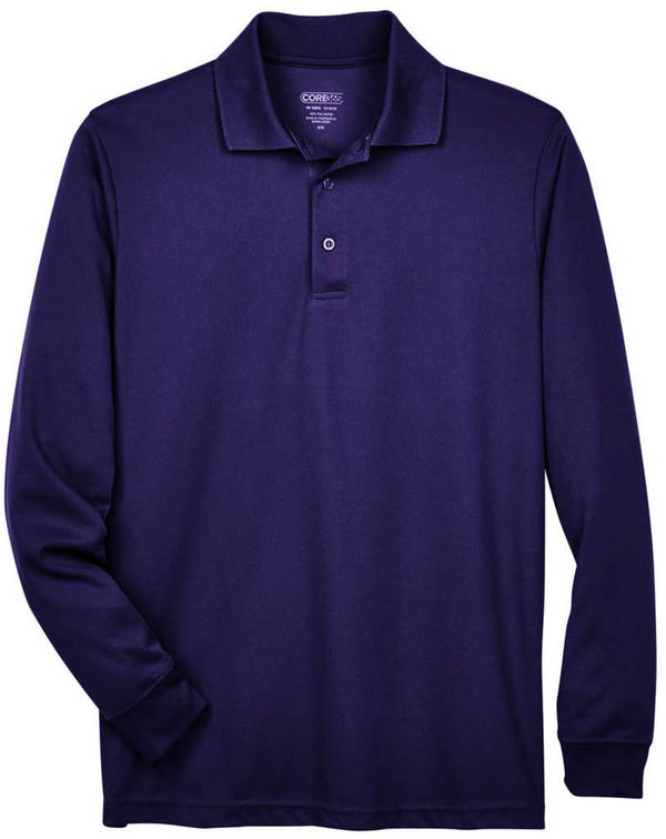 An image of a Custom Core 365 Men's Pinnacle Performance Long Sleeve Pique Polo in Campus Purple!
