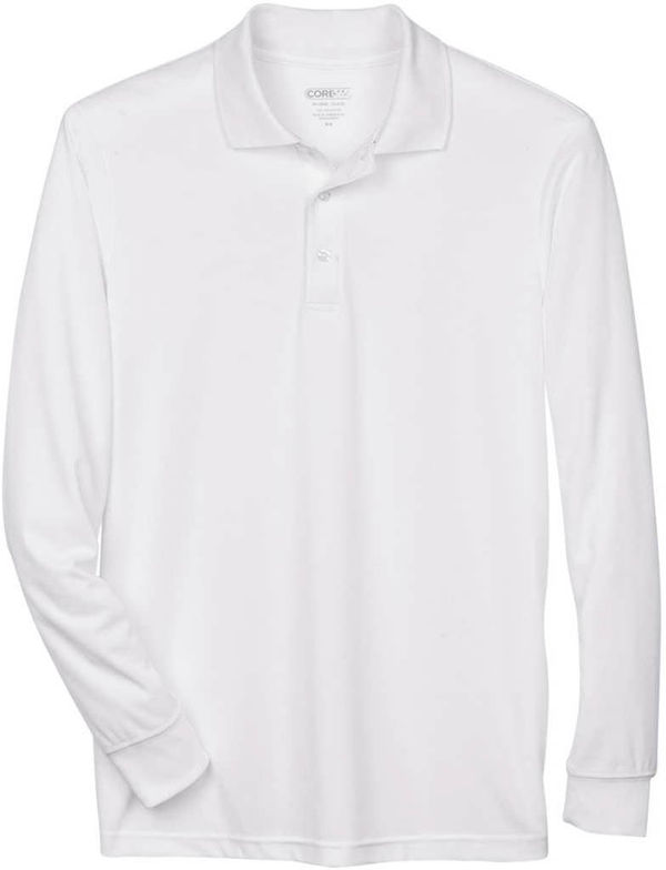 An image of a Custom Core 365 Men's Pinnacle Performance Long Sleeve Pique Polo in White!