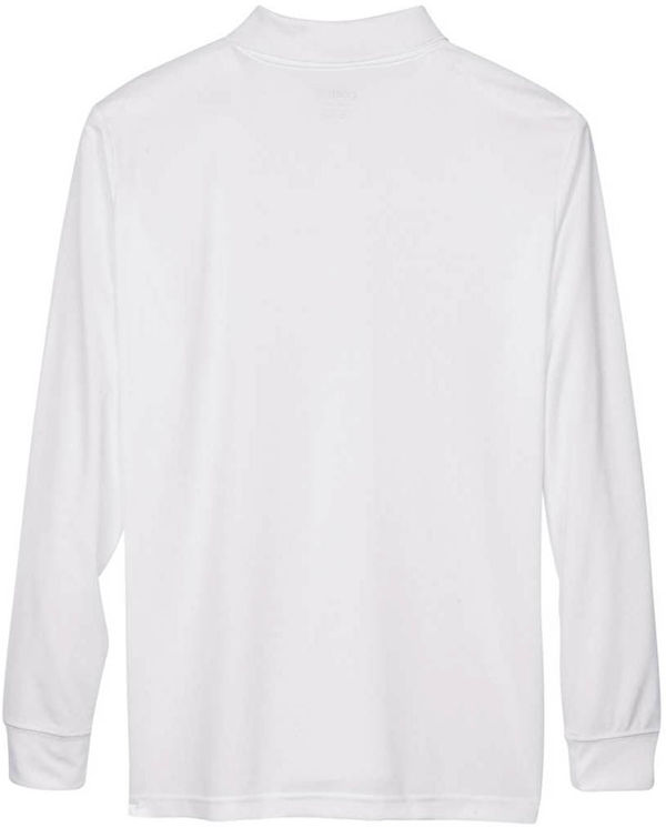 An image of a Custom Core 365 Men's Pinnacle Performance Long Sleeve Pique Polo in White!