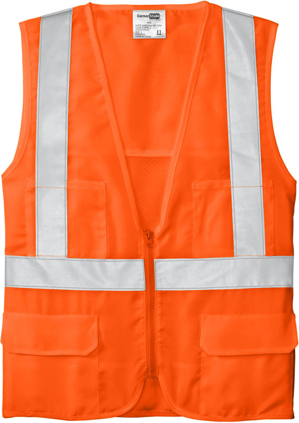 An image of a Custom CornerStone ANSI 107 Class 2 Mesh Back Safety Vest in Safety Orange!